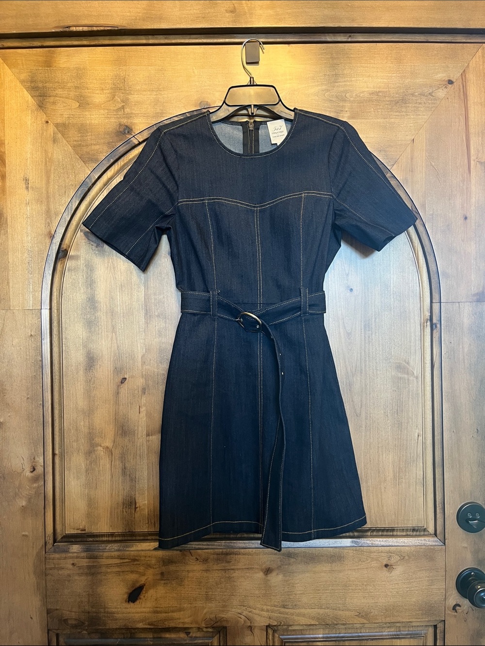 cinq a sept Dark Blue Denim Short-Sleeve Belted Mini Dress